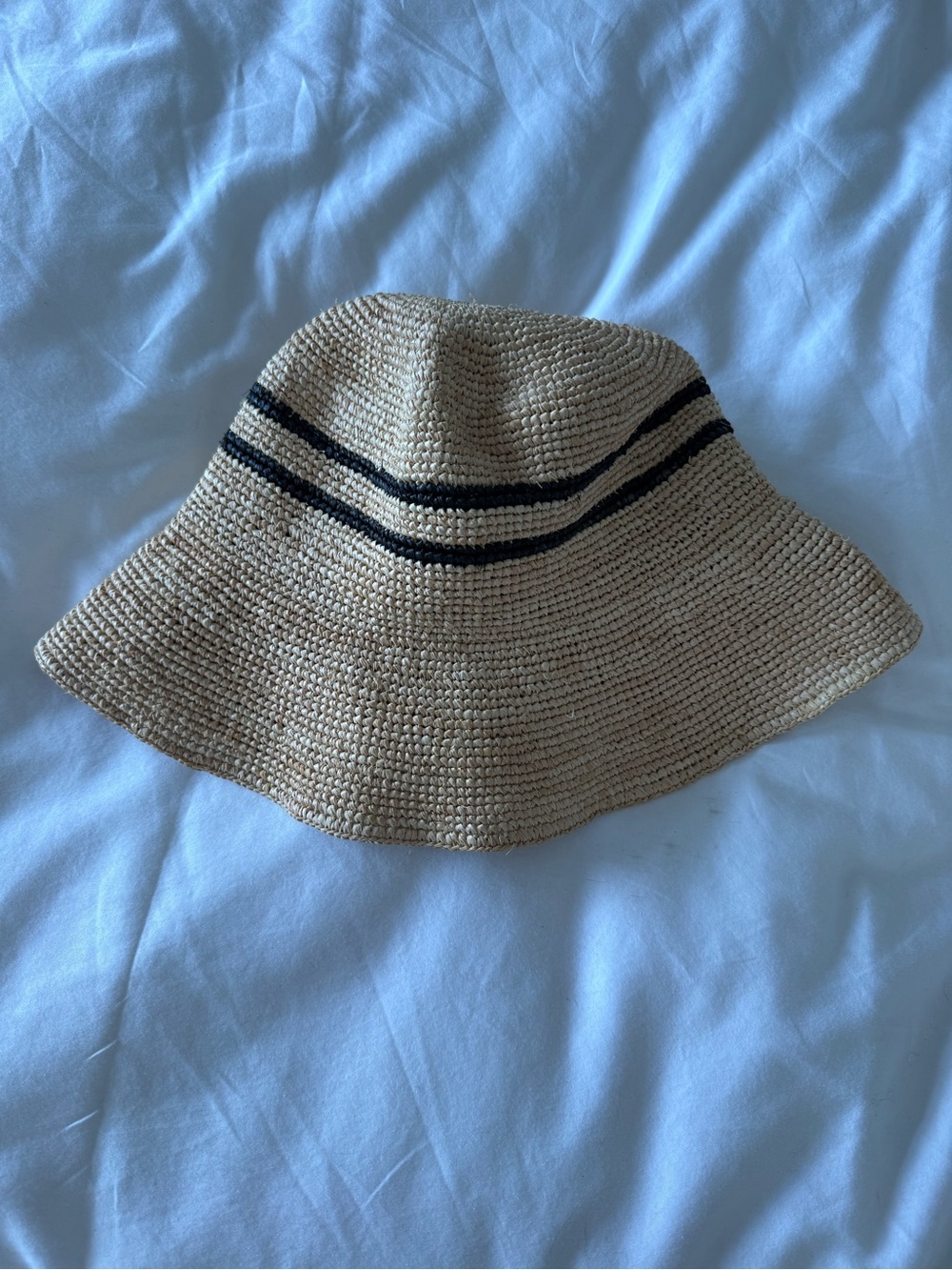Vince Women Tan Straw Bucket Hat with Black Stripes